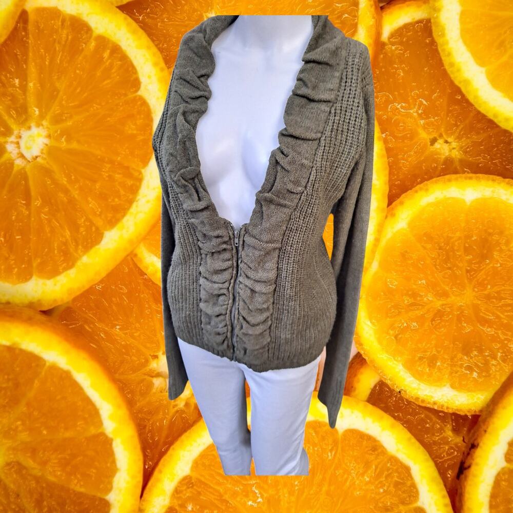 Daytrip Women's Acrylic Ruffles Full-Zip Long Sleeve Ribbed Cardigan Size M